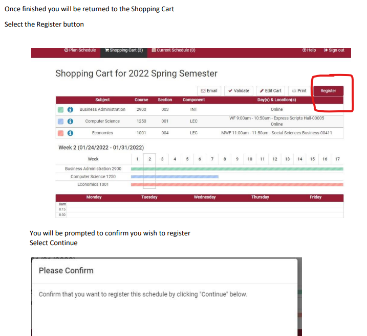Picture of Schedule Planner when selecting register